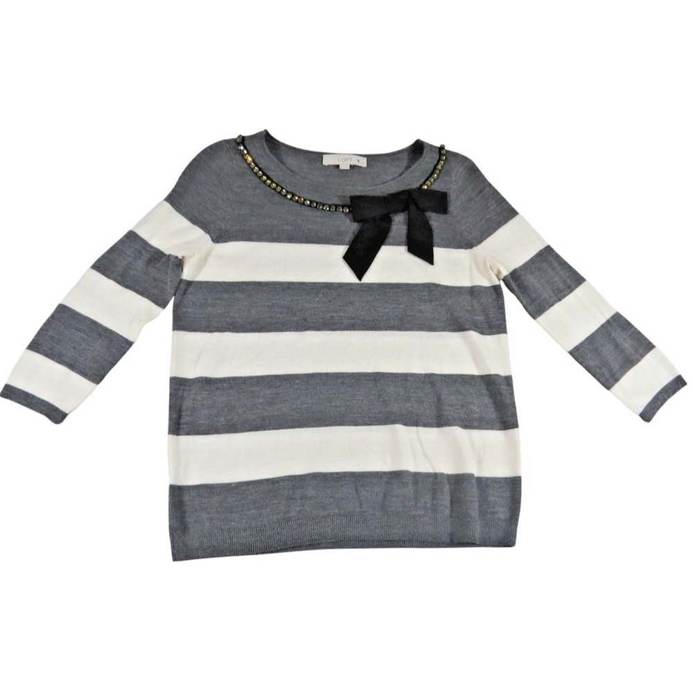LOFT Sweater Women LP Gray White Striped Knit Embellished Bow Neck Petite Casual
